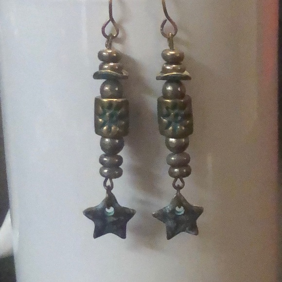 pyrite & patina star earrings handcrafted - Picture 8 of 14